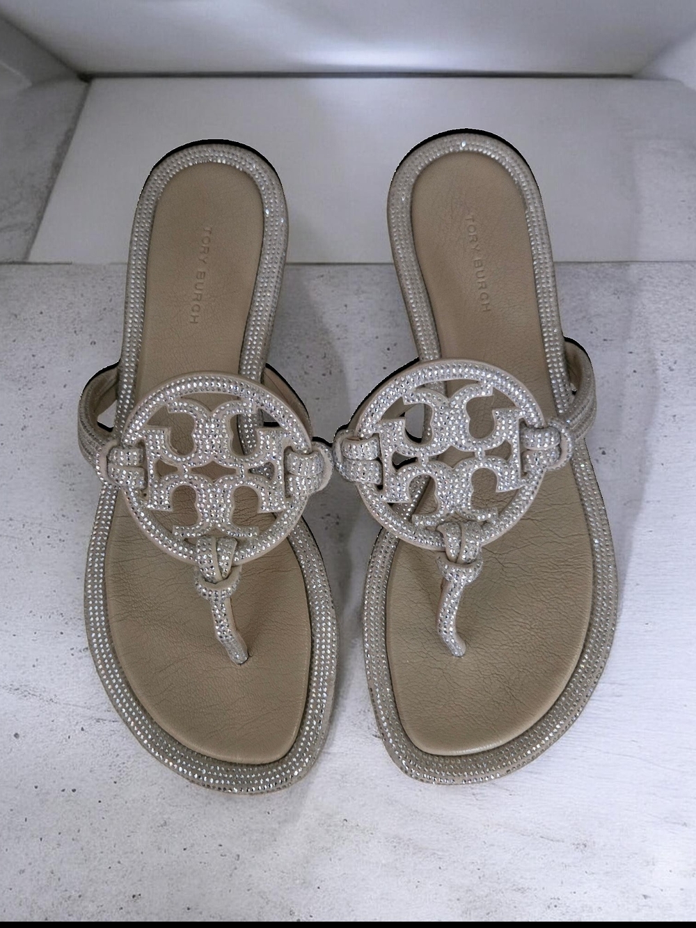 Tory Burch Crystal-Embellished Champagne Miller Thong Sandals